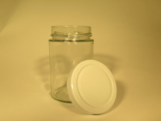 Dybt rundt glas 335 ml med 66 mm hvid låg