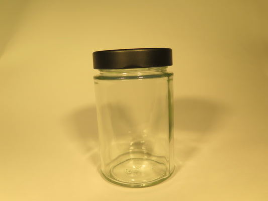 Dybt rundt glas 335 ml med 66 mm mat sort låg
